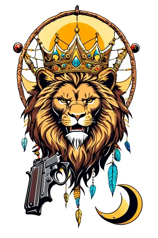 crown angry lion with gun and dream catcher and sun and moon tattoo design idea