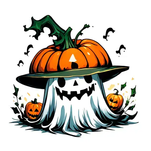 cute ghost wearing a pumpkin as a hat tattoo design idea