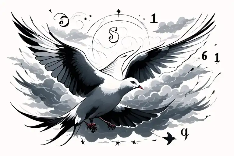 clouds and birds and numbers and a dove flying tattoo design idea