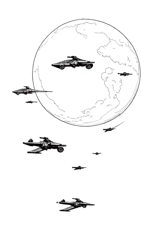 Minimalist styling, an a-wing fighter a b-wing fighter and a E- wing fighter from star wars all flying around a moon tattoo design idea