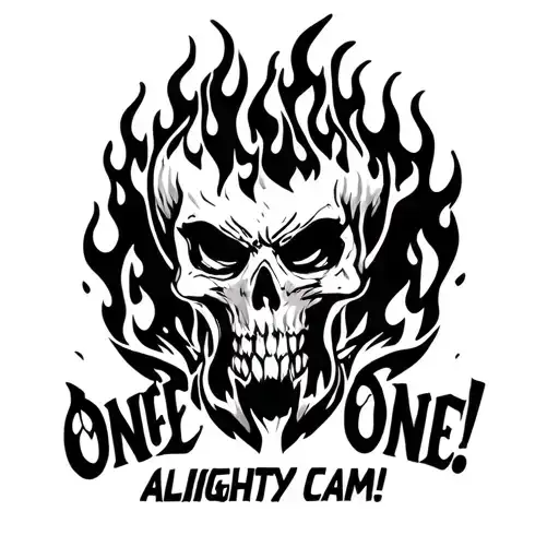 words "One Of One" "Almighty Cam!" with flamed and slime tattoo design idea