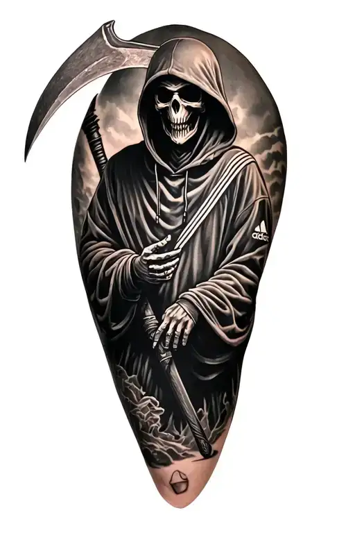 grim reaper with scythe wearing an Adidas hoody  tattoo design idea
