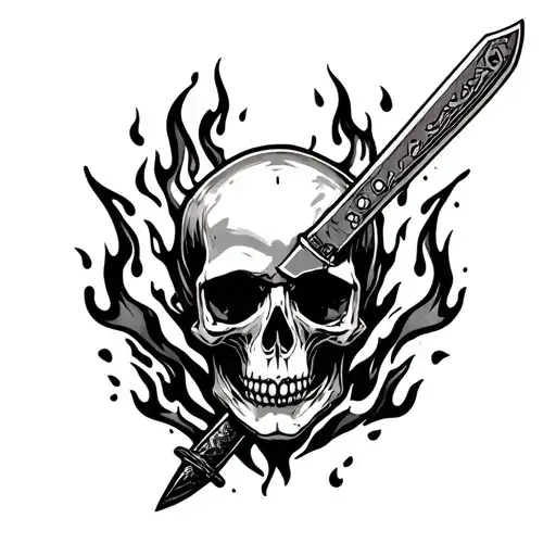 skull and knife with fire flames surrounding tattoo design idea