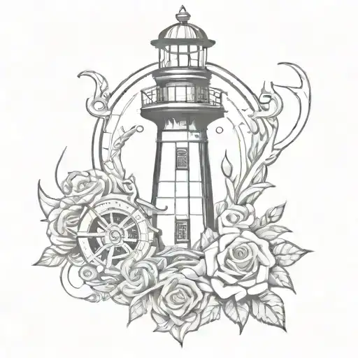 lighthouse, anchor, rose, hourglass tattoo design idea