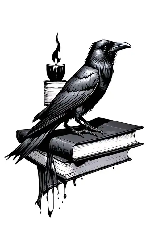 raven on top of books with a hocus pocus black flame candle tattoo design idea