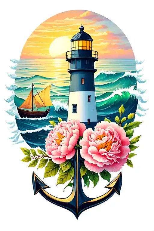 Lighthouse sunrise with waves and anchor with peonies and a boat sailing tattoo design idea