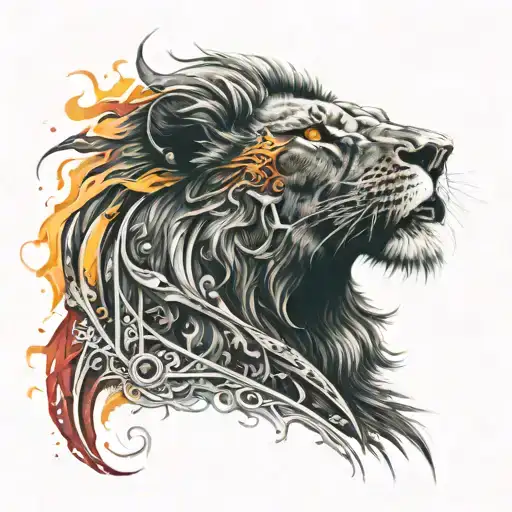 black lion with a cross on its eye and theyes are red, orange, and yellow firey eyes tattoo design idea