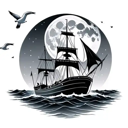 2 simple grey ships passing into the west with a pale moon rising and white gulls calling tattoo design idea