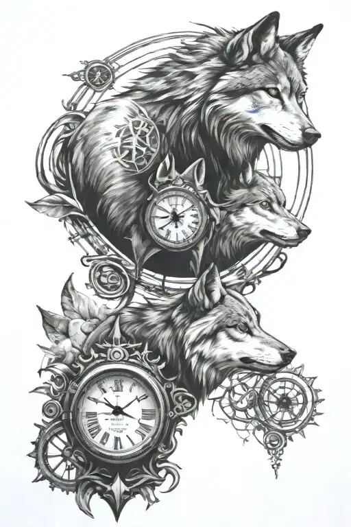 Clock, wolf, compass tattoo design idea