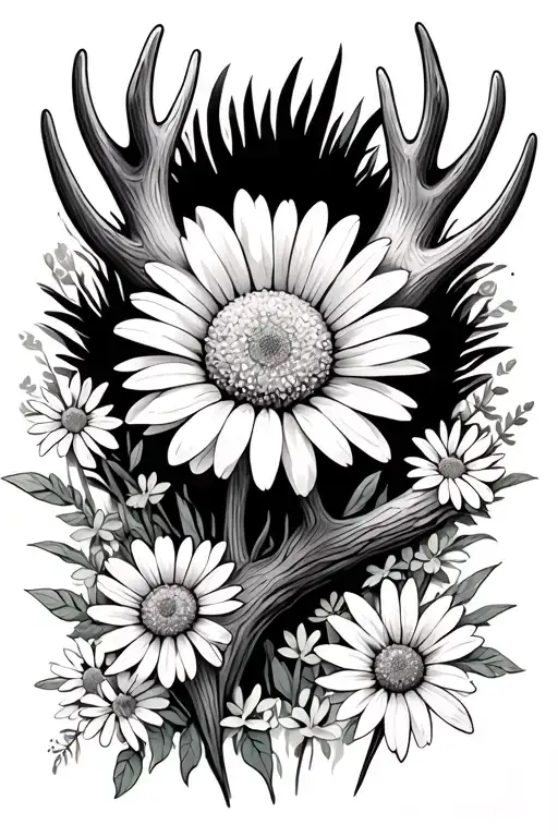 daisy with antler coming straight up from the top and then one on bottom with wildflowers around it tattoo design idea