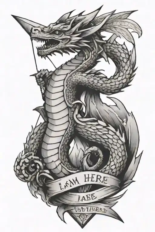  tiny Dragon in the form of an Arrow With Words I am Here tattoo design idea