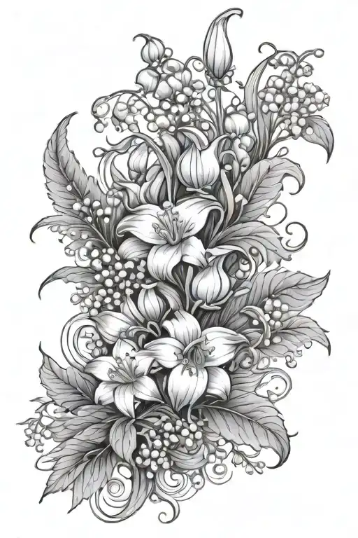 lily of the valley, chrysanthemum, scroll, Roman numerals tattoo design idea