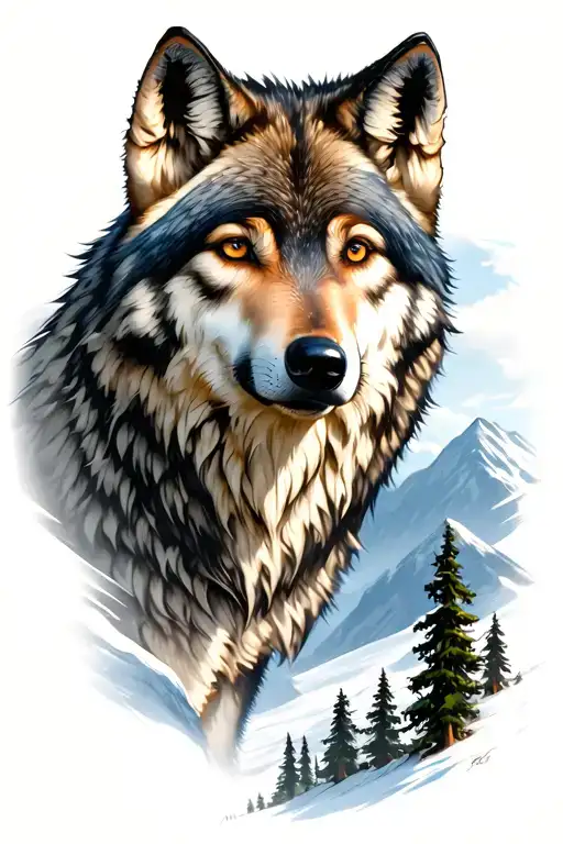 wolf and  mountains and trees tattoo design idea