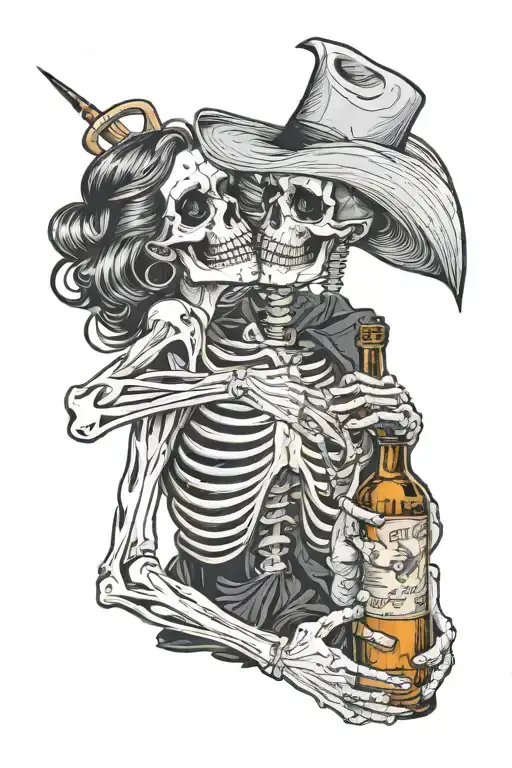 skeleton staring at moon while smoking a cigarette, holding whiskey, and hugging a blue eyed woman who is crying tattoo design idea