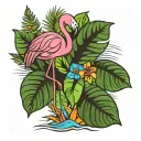 A new-school flamingo with vibrant colors and tropical flowers in the background tattoo design idea