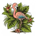 A new-school flamingo with vibrant colors and tropical flowers in the background tattoo design idea