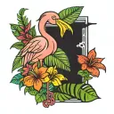A new-school flamingo with vibrant colors and tropical flowers in the background tattoo design idea