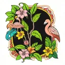 A new-school flamingo with vibrant colors and tropical flowers in the background tattoo design idea