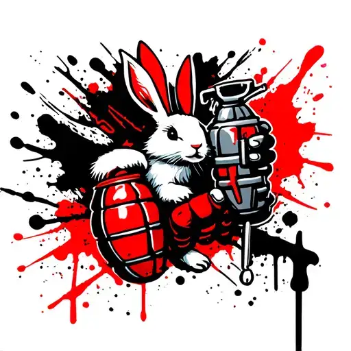 white rabbit holding grenade in one hand, grenade pin in other hand  tattoo design idea