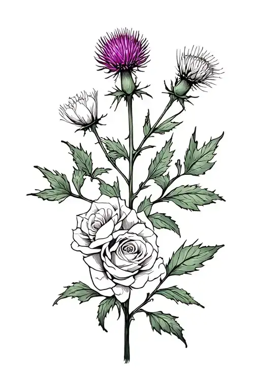 cotton thistle and roses branch  tattoo design idea