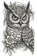 nice owl face with no geometric surrounded by lots of cosmo flowers and gladiolus flowers tattoo design idea