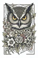 nice owl face with no geometric surrounded by lots of cosmo flowers and gladiolus flowers tattoo design idea