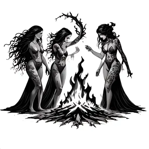 Four chuby beautiful wild women dancing around a fire in a dark forest. Gothic and mystical atmosphere.wild women caress tattoo design idea