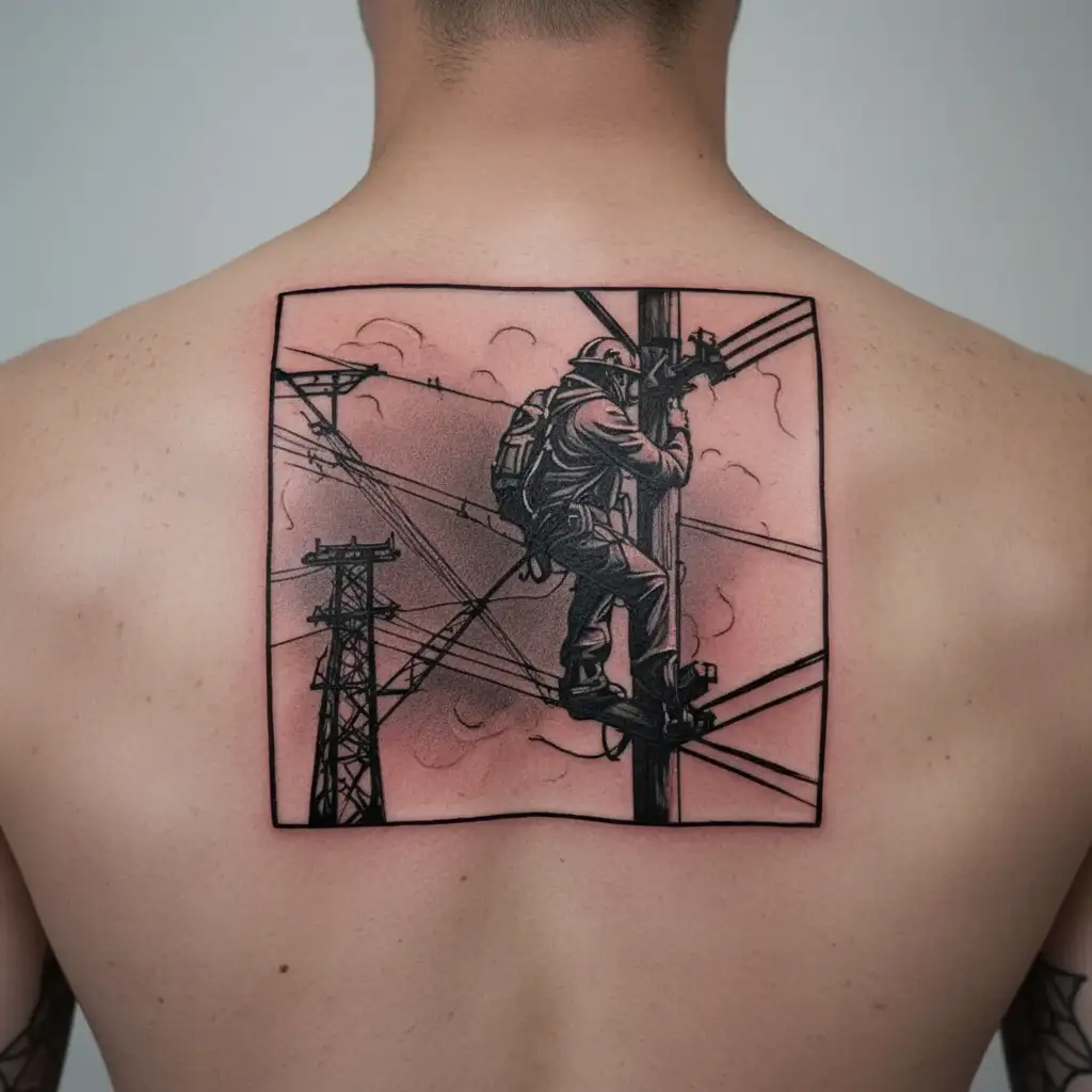 A silhouette of a lineman working on power lines during a storm tattoo design idea
