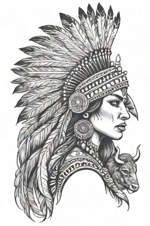 feathered indian woman with a river and buffaloes tattoo design idea