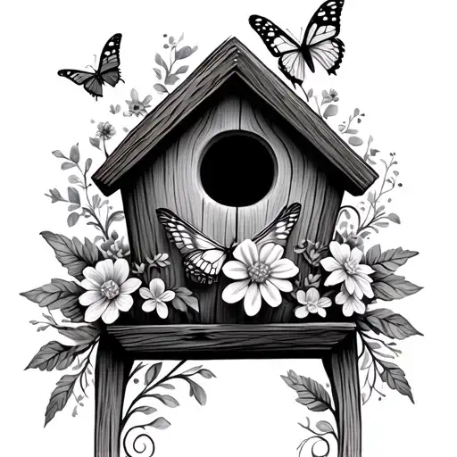 birdhouse with butterflies and flower tattoo design idea