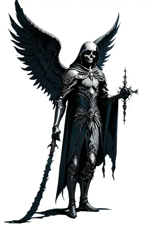 angel of death mysteriously and spectre like looking with cape on his head and ornamented armor on him holding long orna tattoo design idea