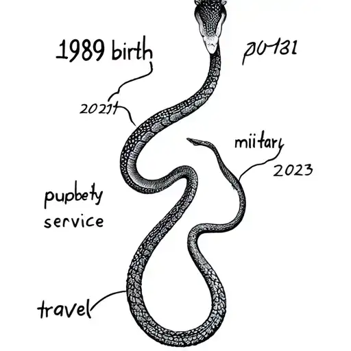 Snake to represent the year of the snake: 1989 (birth), 2001 (puberty), 2013 (military service), 2025 (travel) tattoo design idea