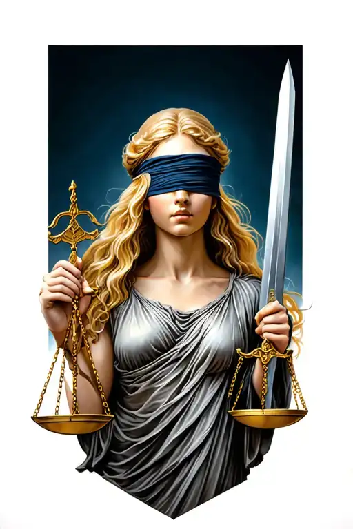 Full length Lady Justice tattoo. Blindfolded. Sword in one hand scales in the other. Facing forward. Flowing hair, blond tattoo design idea