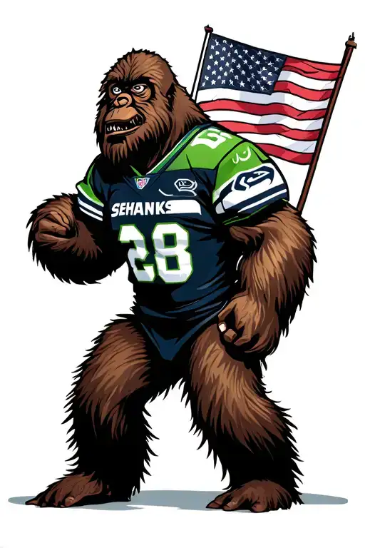 bigfoot wearing seahawks jersey carrying american flag tattoo design idea