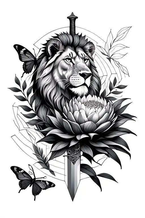 geometric fine line tattoo with lion head, butterfly, protea and sword  tattoo design idea