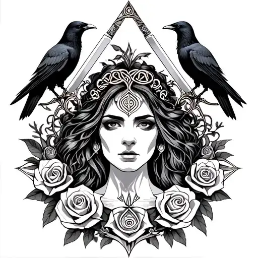 Celtic Goddess, Morrigan. Surrounded by ravens, roses and swords tattoo design idea