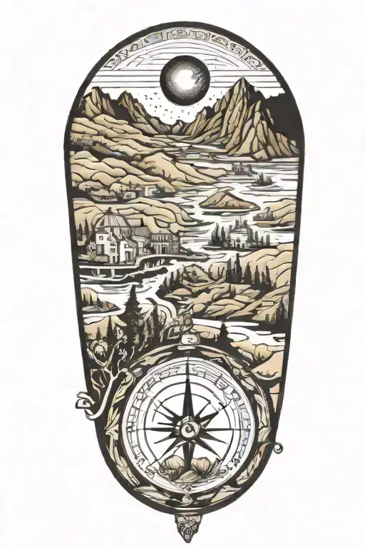 tattoo featuring greek landscape, compass, globe tattoo design idea
