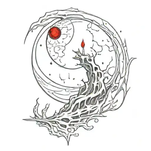 waning moon with flowing blood and a red crystal inside the moon pierced by a blade made of many curved lines Horror tattoo design idea