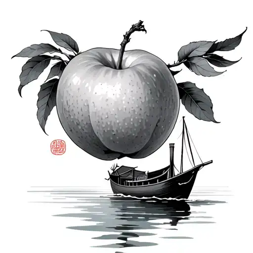 flying peach fruit with boat underneath tattoo design idea