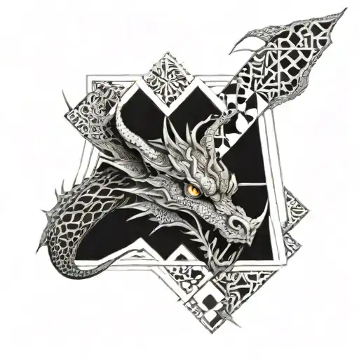 realistic dragon face surrounded by geometric patterns tattoo design idea