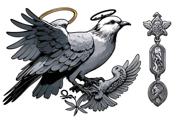A dove wearing a halo while carrying a metal of honor tattoo design idea