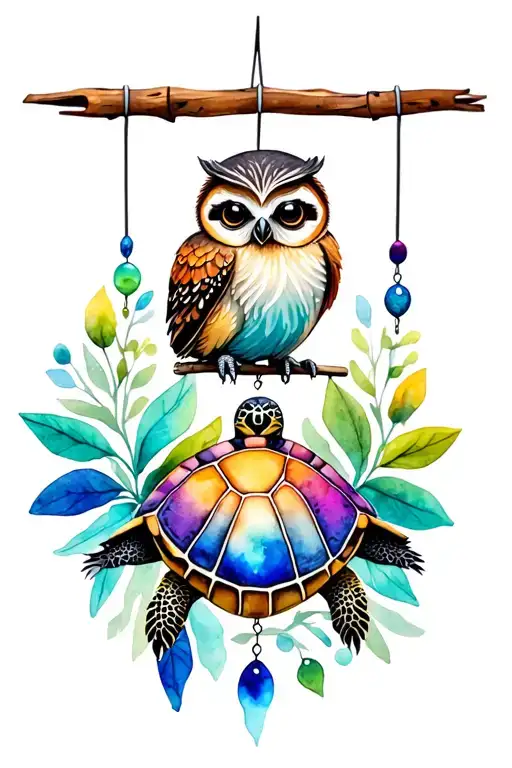 windchime sewing needle, turtle, owl, sloth tattoo design idea