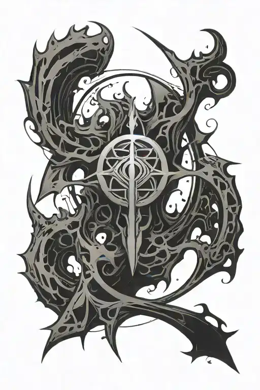 A dark, abstract, and minimalistic tattoo design inspired by the 'Brand of Sacrifice' symbol from Berserk, retaining 90% tattoo design idea