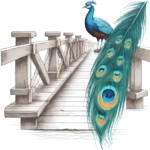 black and white wooden bridge with colorful peacock feather  tattoo design idea