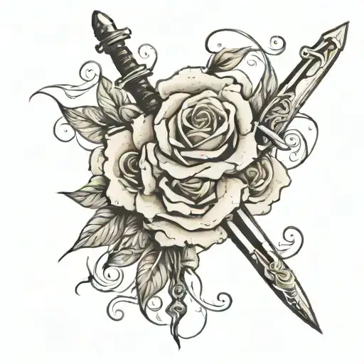 Parchment paper with words written and roses and swords coming from under paper tattoo design idea