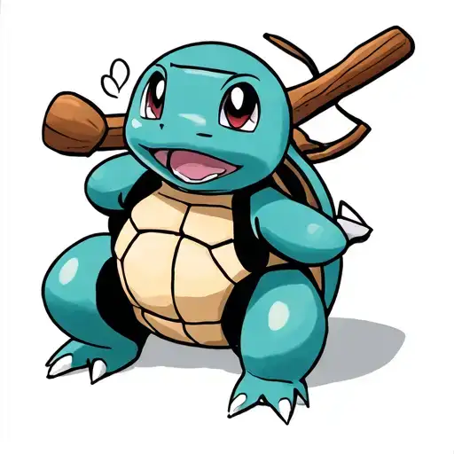 using squirtle the turtle pokemon in a seductive pose with a stick figure standing behind her fucking her. incorporate  tattoo design idea