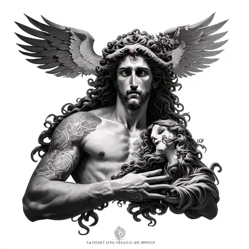greek mythology, Ícarus, atlas and medusa, plus details. full arm tatto tattoo design idea