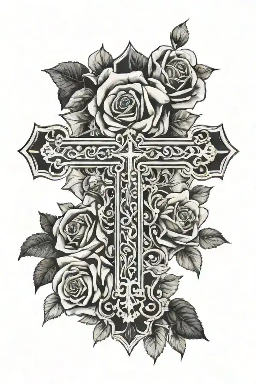 cross with filagree and roses tattoo design idea