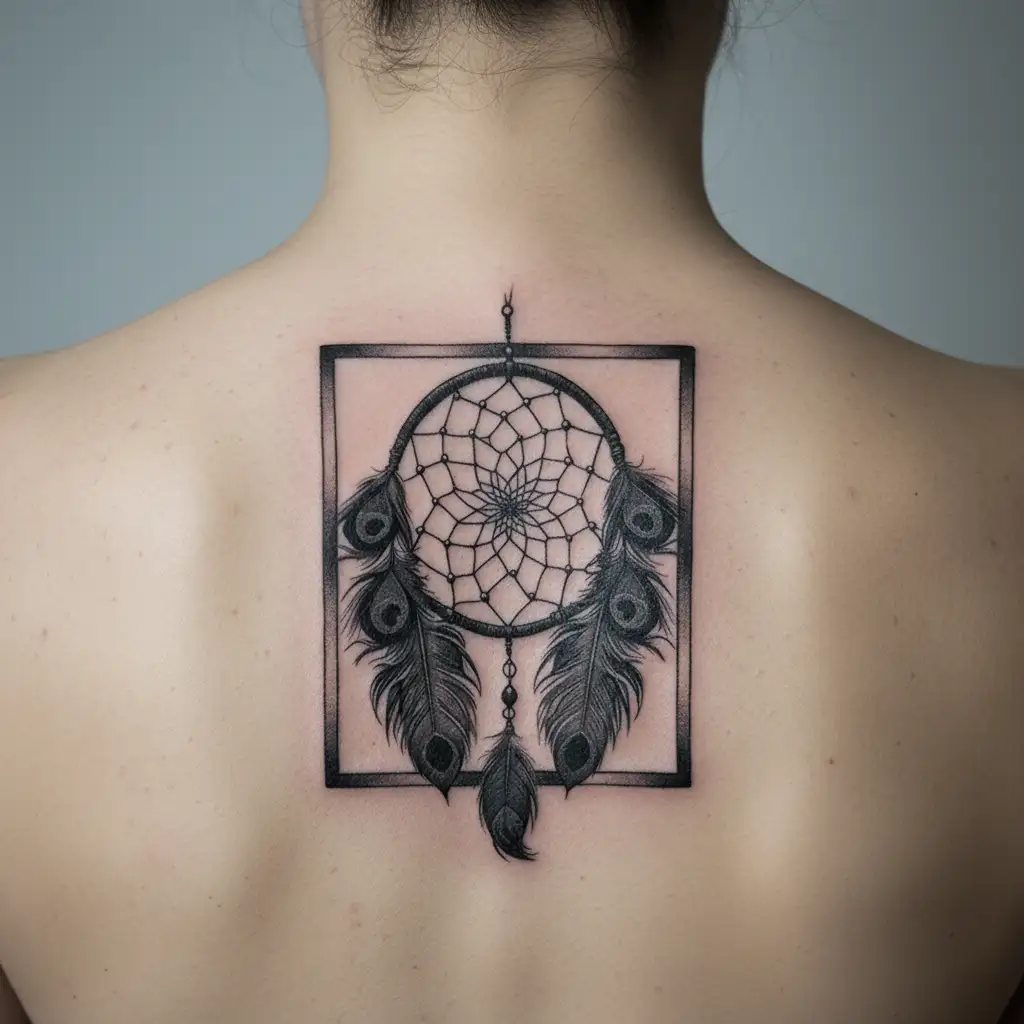 dream catcher with vibrant peacock feathers, timeless, classic, classy, flowing tattoo design idea