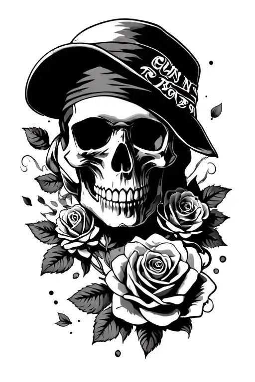 gun's n roses,  guitar skull with bandana and slash top top guitar handle roses petals smoke rock styl tattoo design idea